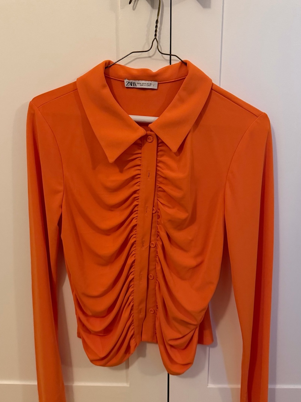 Zara Bright Orange Ruched Button-Front Long-Sleeve Top
